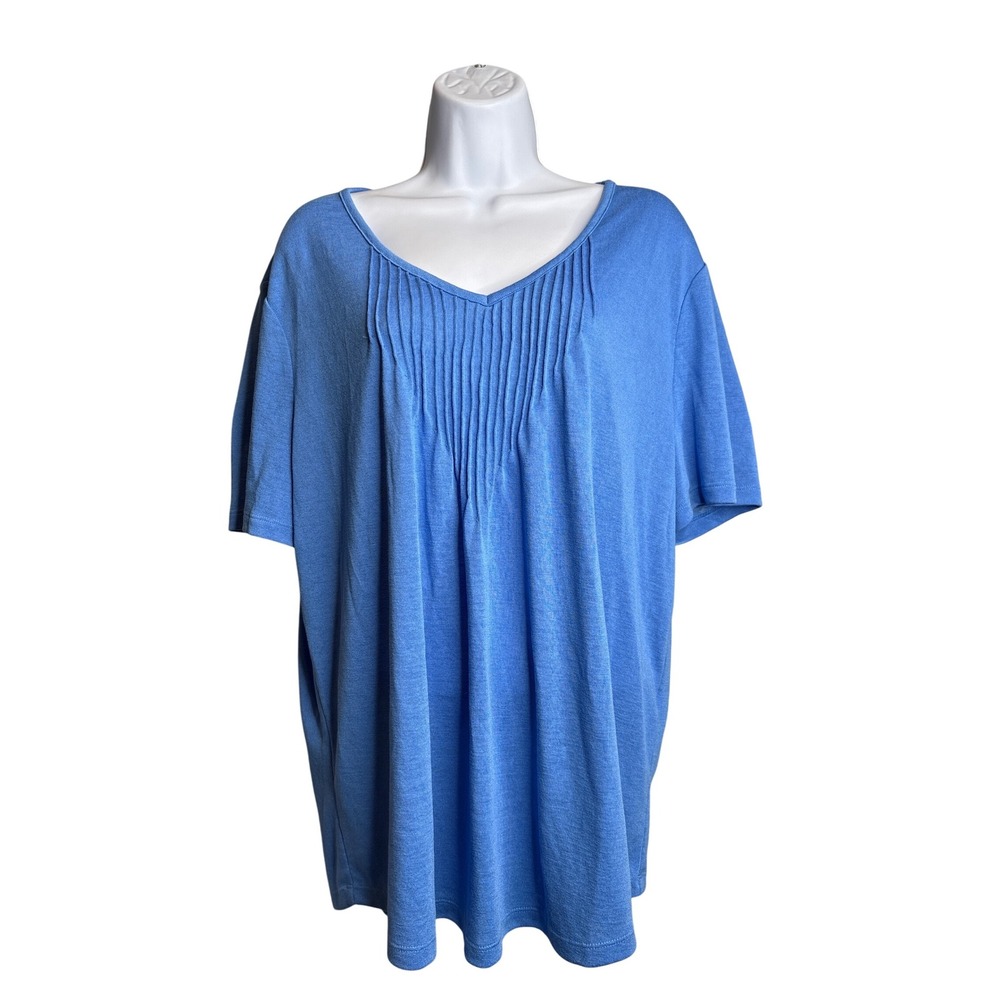 Chico's Women's Blue Short‎ Sleeve V Neck Pleated Knit Top Size 3 XL Coastal